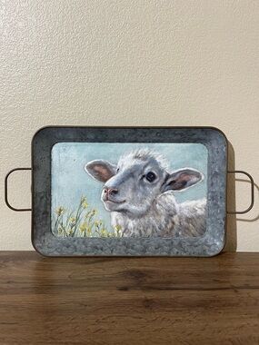 Primitives by Kathy Galvanized Tray with Lamb Artwork Blue and Gray